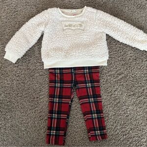 Levi's White Sherpa Sweater and Red Plaid Leggings Set
